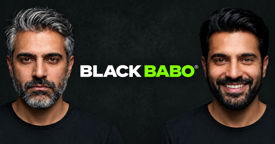 لحية بشعر رمادي واللحية نفسها بعد استخدام Black BaBo